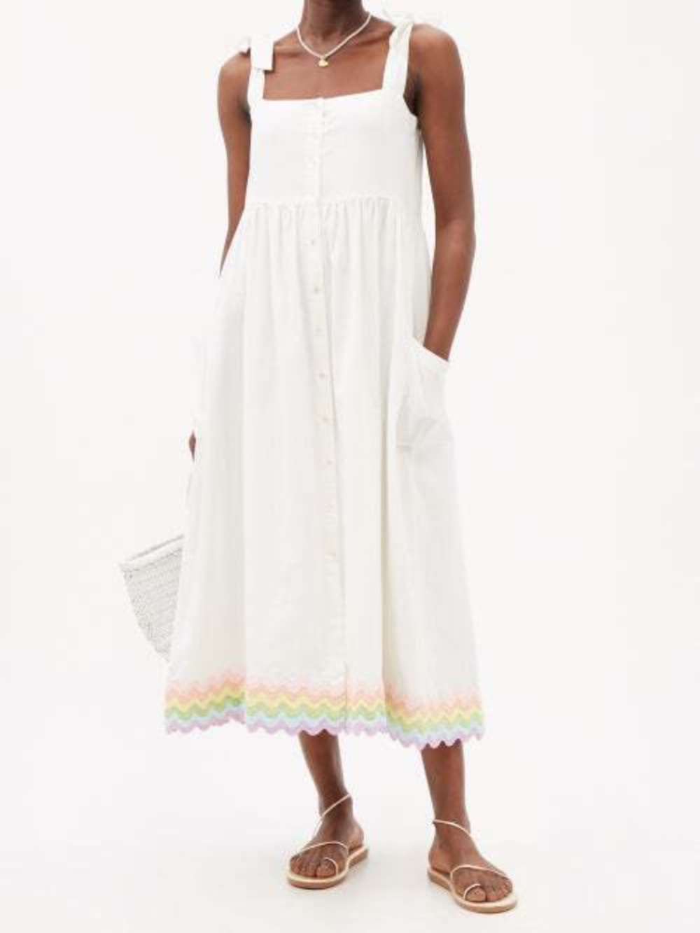 NWT Juliet Dunn Tie-Shoulder White/Pastel Ric Rac Dress